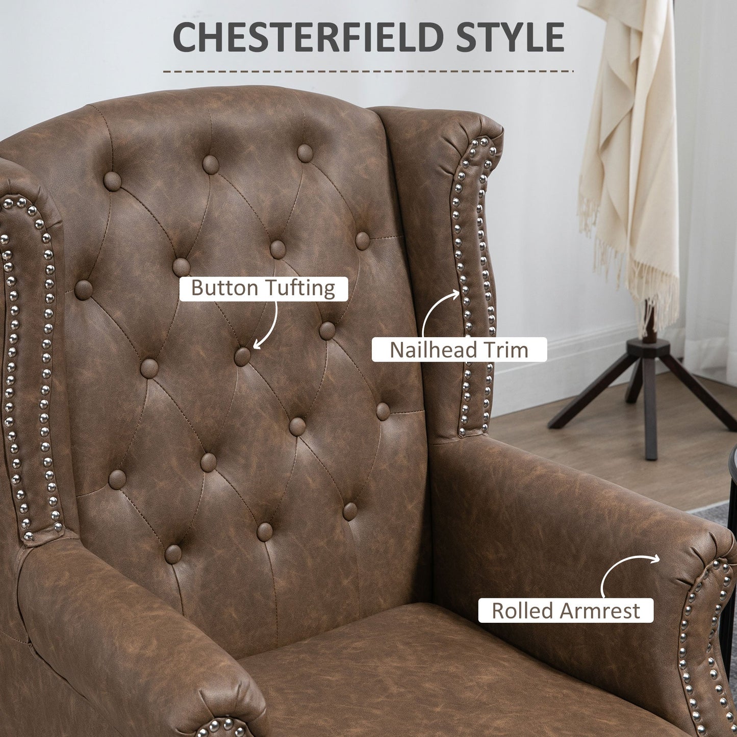 Wingback Accent Chair Tufted Chesterfield-style Armchair with Nail Head Trim for Living Room Bedroom Brown