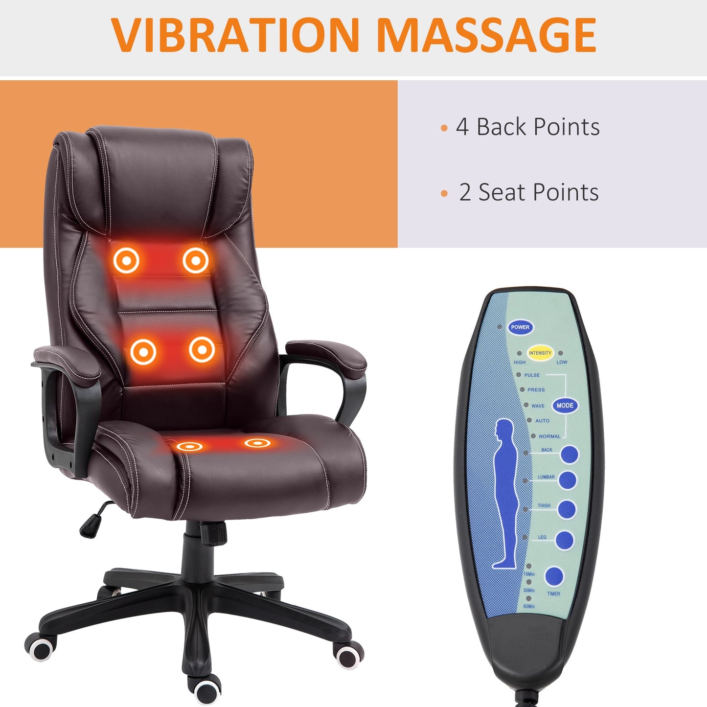 Vinsetto High Back Executive Office Chair 6- Point Vibration Massage Extra Padded Swivel Ergonomic Tilt Desk Seat Brown