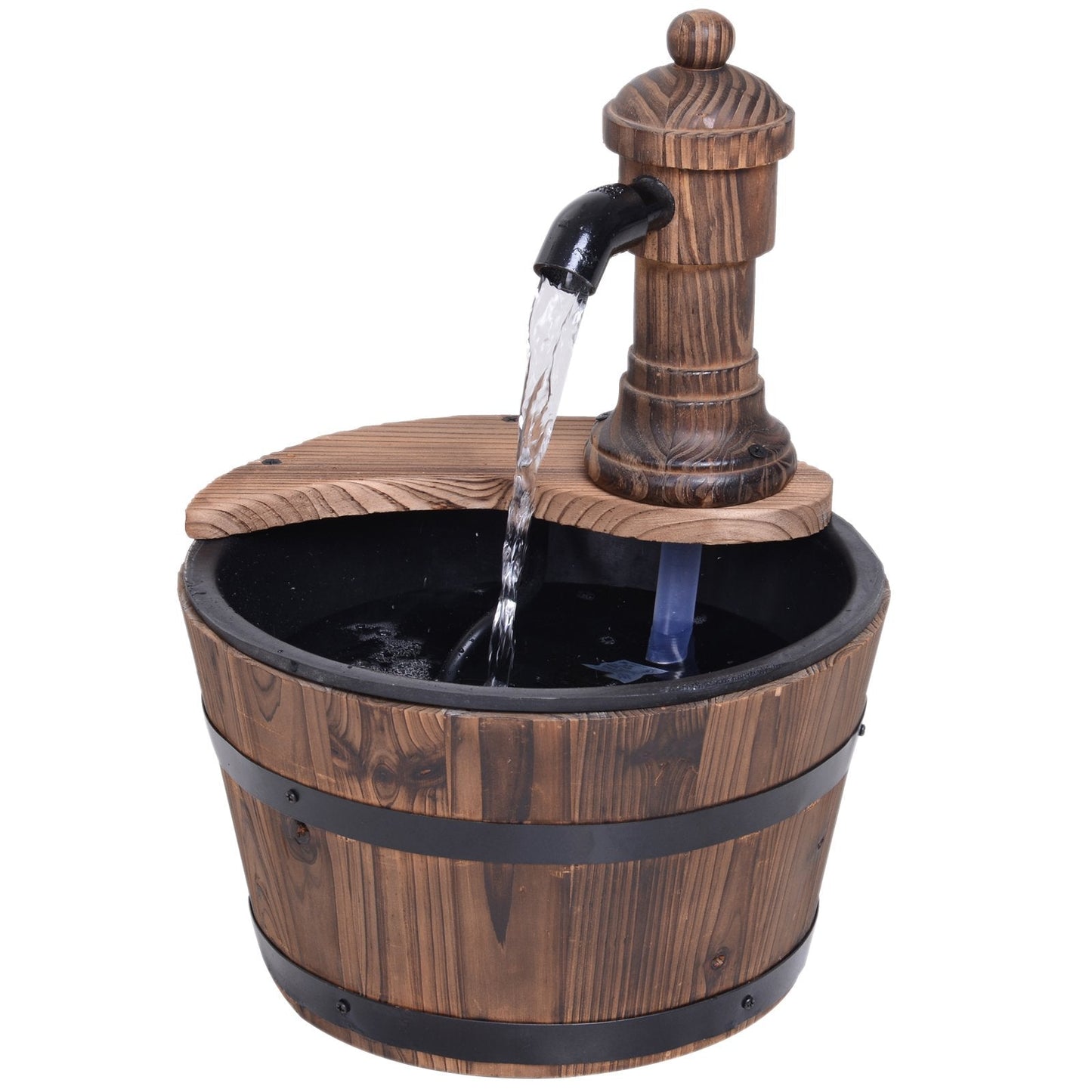 Fir Wood Barrel Pump Fountain W/ Flower Planter