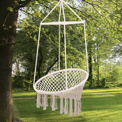 Hammock Macrame Hanging Rope Chair Hanging Seat Rope Tassels Solid Knitted Woven Net Seat Portable Garden Chair for Patio