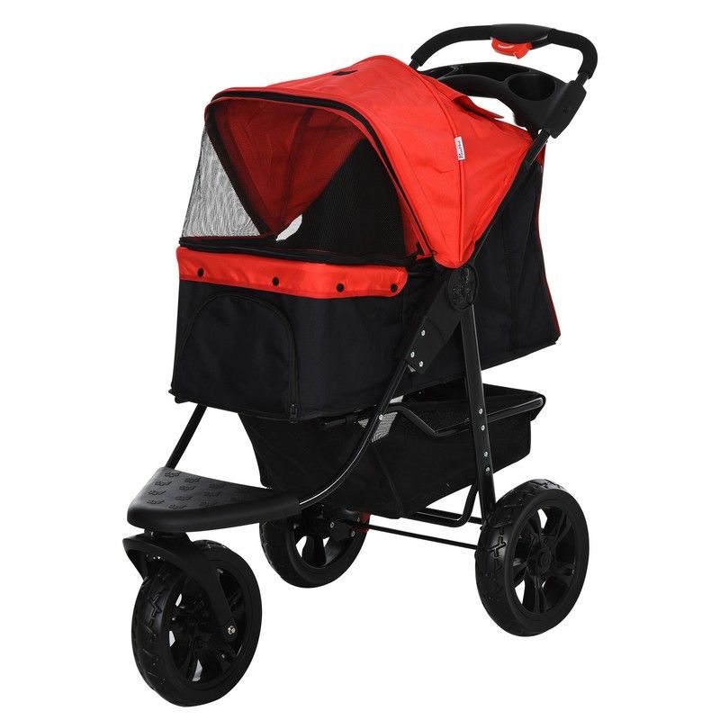 Pawhut Oxford Cloth Folding 3-Wheel Pet Stroller Dog Trolley Red/Black