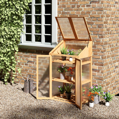 Wooden Cold Frame Polycarbonate Greenhouse with Openable Top Cover and Double Door