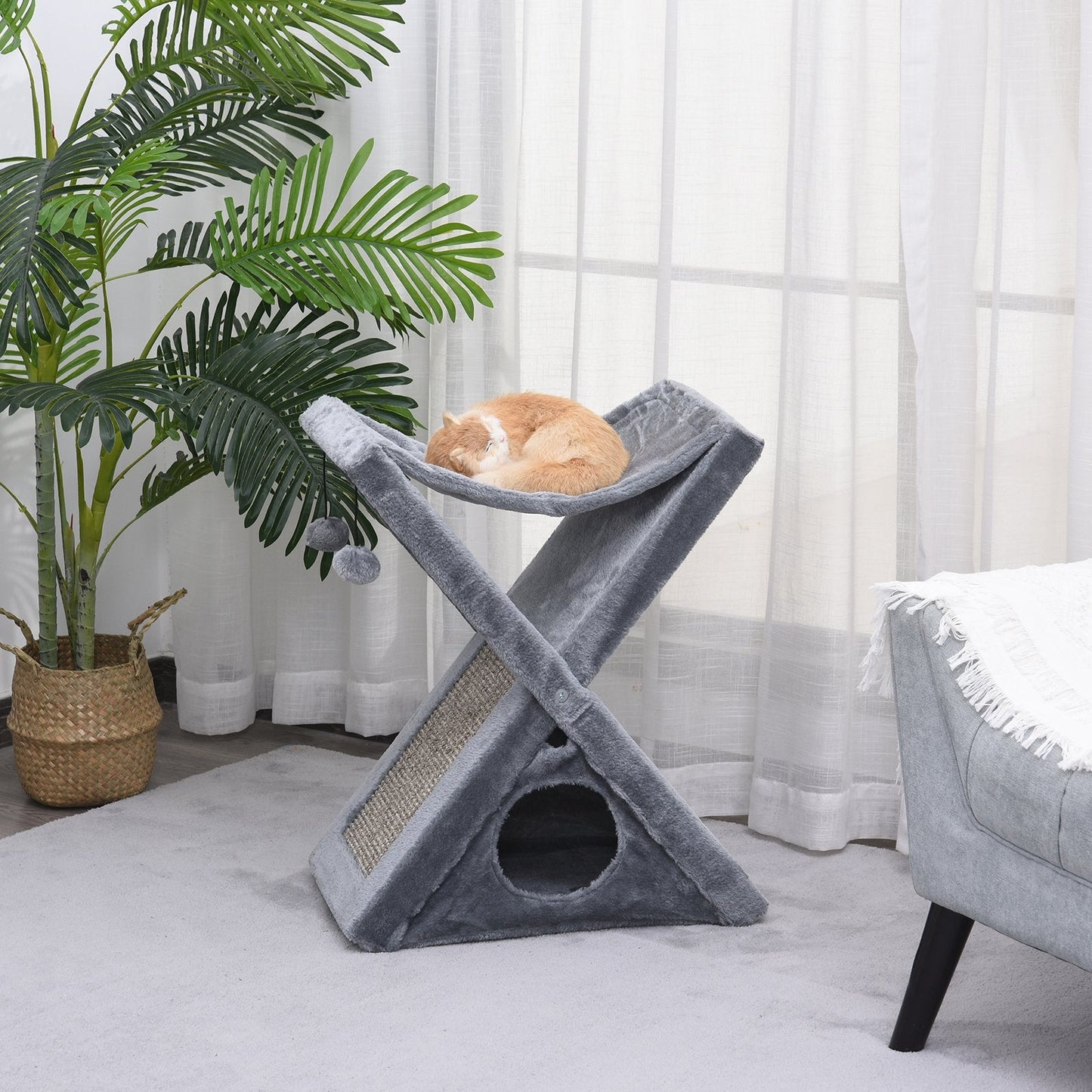 PawHut Two Tier Cat Tree for Indoor Cats Play Rest Activity Tower Plush Folding Relax Center w/ Scratching Post Hammock Pom Poms Grey