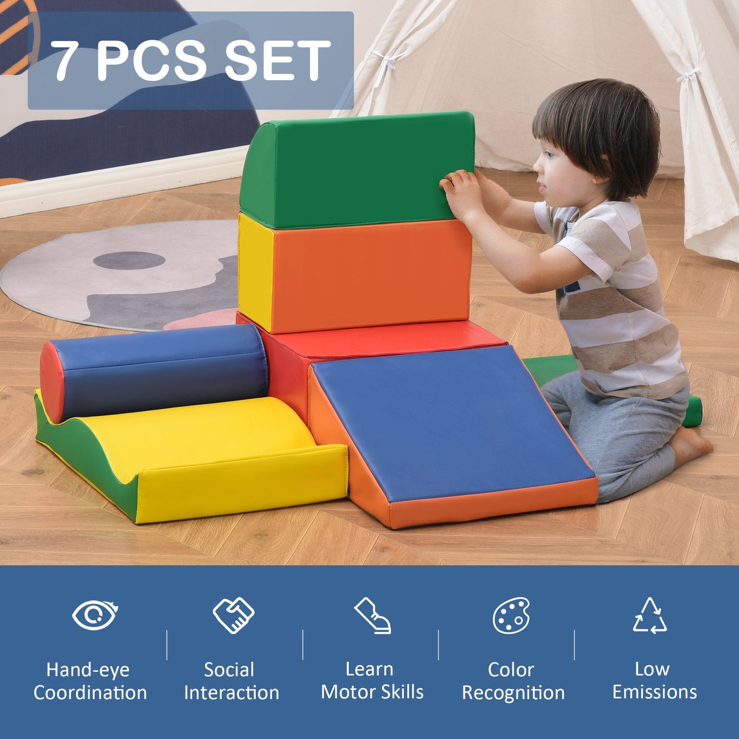 7-Piece Climb and Crawl Activity Play Set Kids Soft Foam Blocks Toddler Soft Play Equipment Building and Stacking Blocks Educational Play