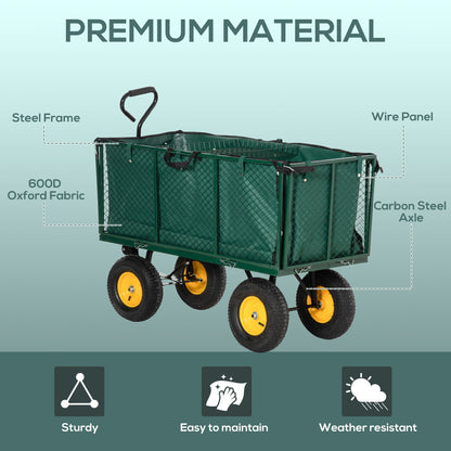 Large 4 Wheel Heavy Duty Garden Cart Truck Trolley Wheelbarrow with Handle and Metal Frame - Green