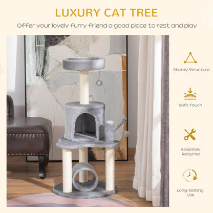 PawHut Cat Tree Tower for Indoor Cats Climbing Activity Center Kitten Furniture with Jute Scratching Post Bed Tunnel Perch Hanging Balls Grey