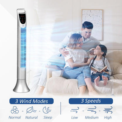 Oscillating Three Speed Tower Fan With Timer & Remote Control Silver