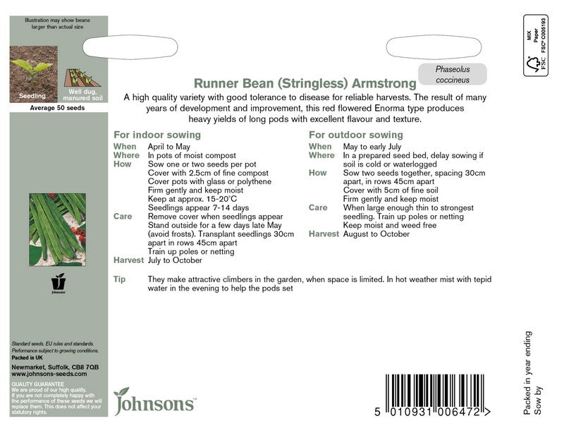 Johnsons Runner Bean Armstrong Stringless Seeds