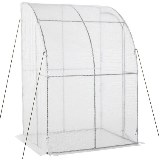 Outdoor Walk-In Lean To Wall Greenhouse With Zippered Roll Up Door And Pe Cover 143L X 118W X 212H cm White