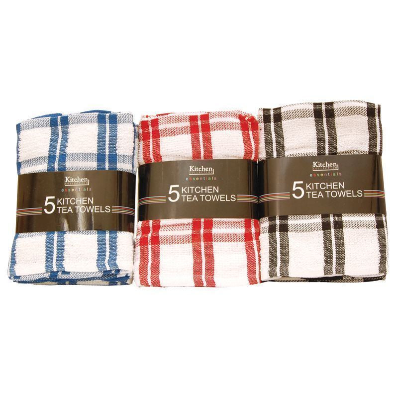 5 Pack Kitchen Tea Towels - Blue & White