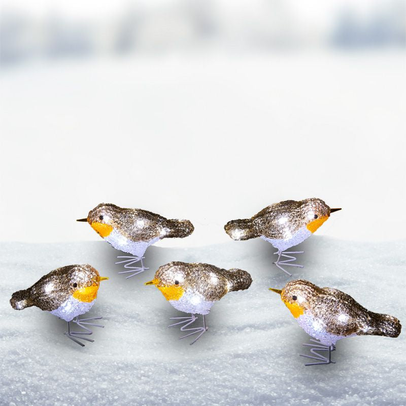 LED Ice White Outdoor Robin Decorative Light Set of Five Mains 8.5cm