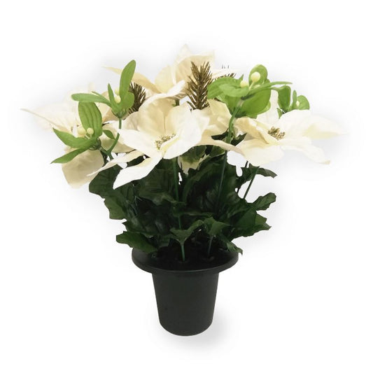 Poinsettia & Mistletoe Grave Pot - Cream