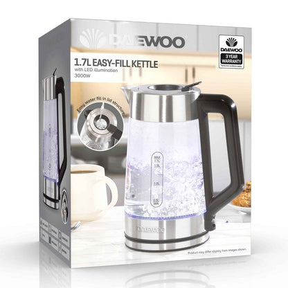 Illuminating Easy Fill Kettle By Daewoo - Tempered Glass 1.7 Litre