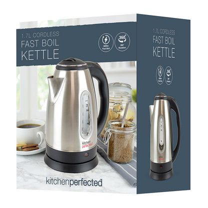 Cordless Kettle 1.7L Brushed Steel - Fast Boil 3000W