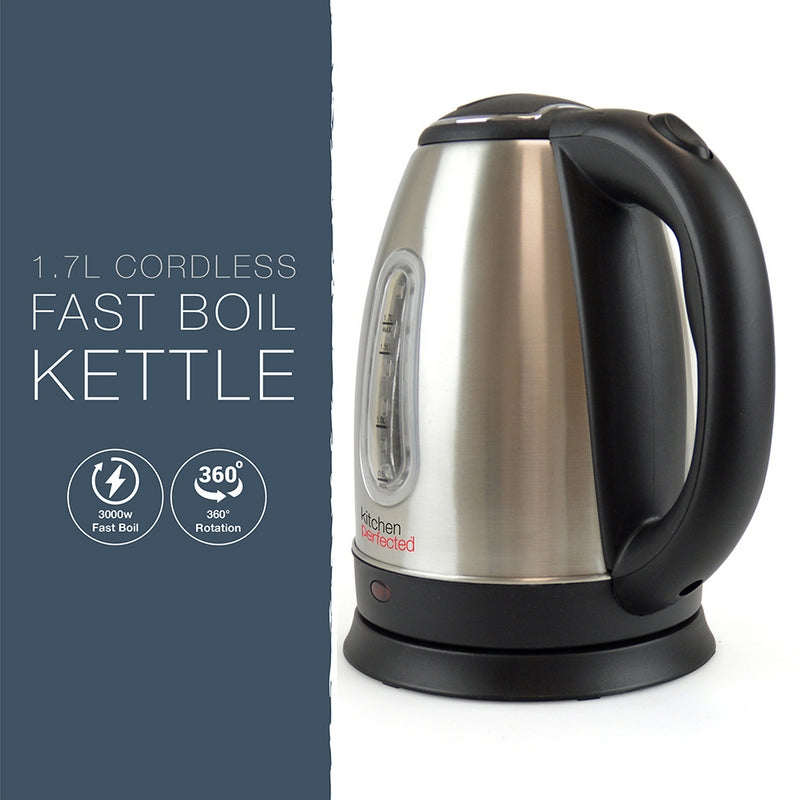 Cordless Kettle 1.7L Brushed Steel - Fast Boil 3000W