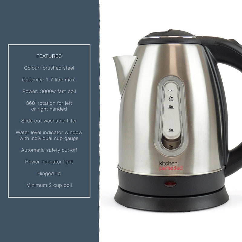 Cordless Kettle 1.7L Brushed Steel - Fast Boil 3000W