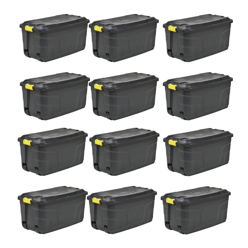 12 x Plastic Storage Box 145 Litres Extra Large - Black Heavy Duty by Strata