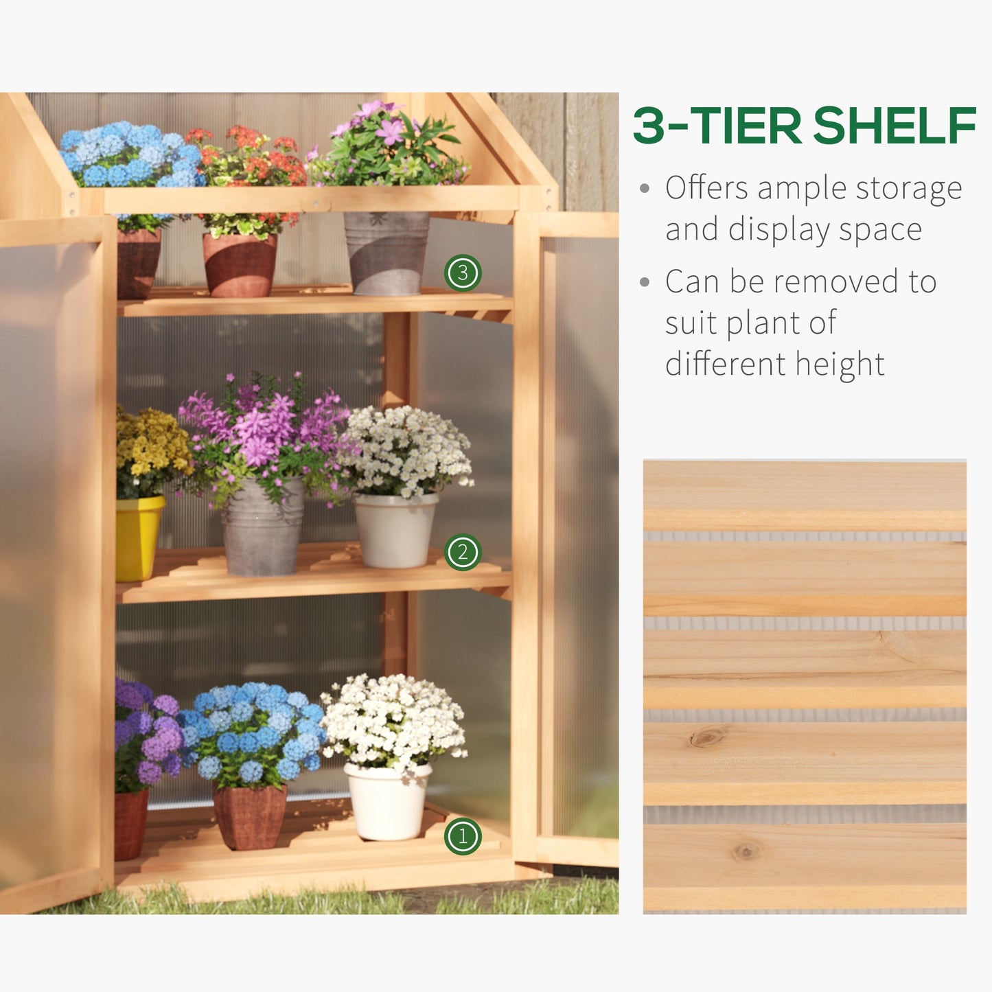 Wooden Cold Frame Polycarbonate Greenhouse with Openable Top Cover and Double Door