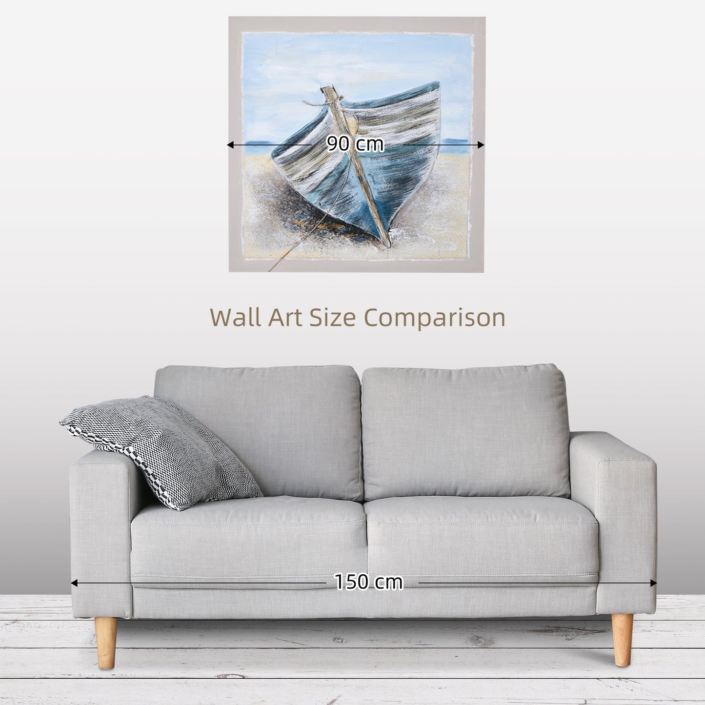 Hand-Painted Canvas Wall Art Blue Boat in the Beach