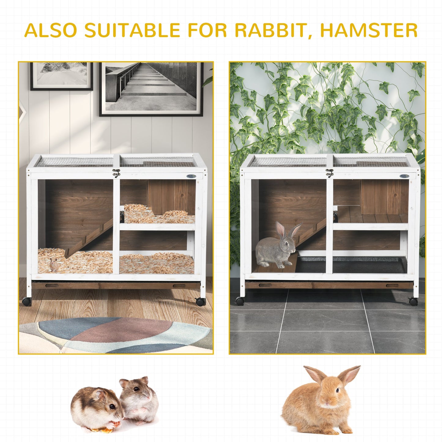 PawHut Wooden Rabbit Hutch Guinea Pigs House Bunny Small Animal Cage W/ Pull-out Tray Openable Roof Wheels 91.5 x 53.3 x 73 cm