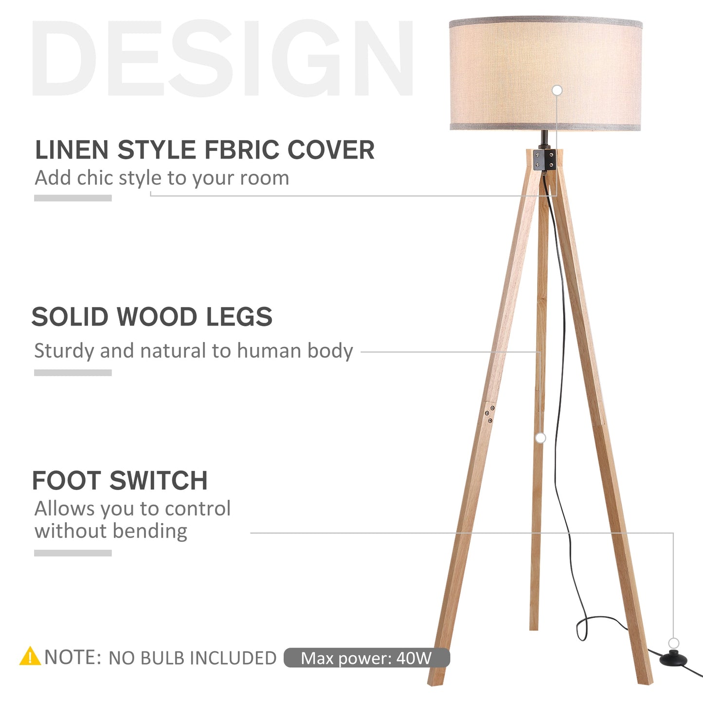 Homcom 5Ft Elegant Wood Tripod Floor Lamp Free Standing E27 Bulb Lamp Versatile Use For Home Office - Beige