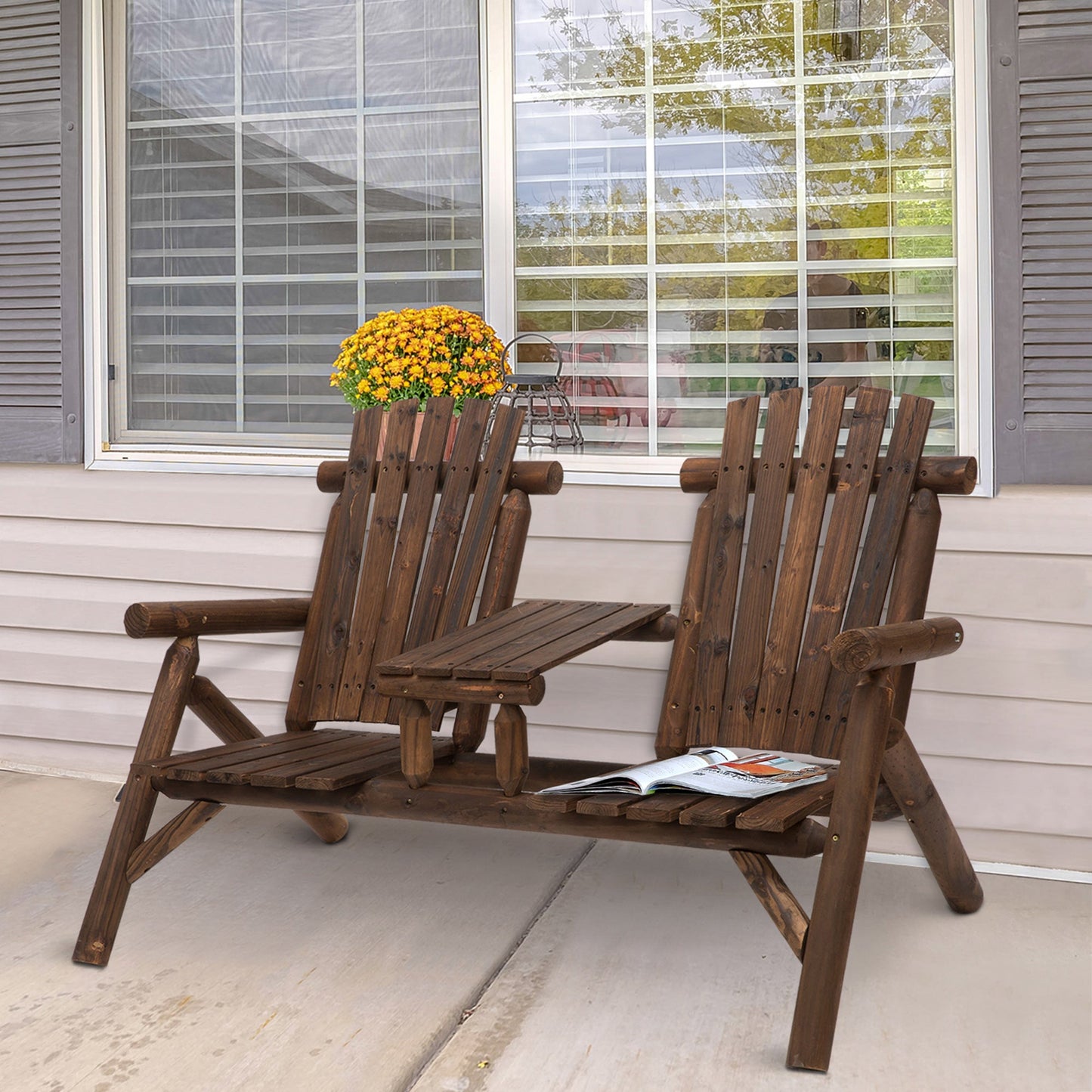 Wood Patio Chair Bench 2 Seat Jack and Jill Seat w/ Center Coffee Table