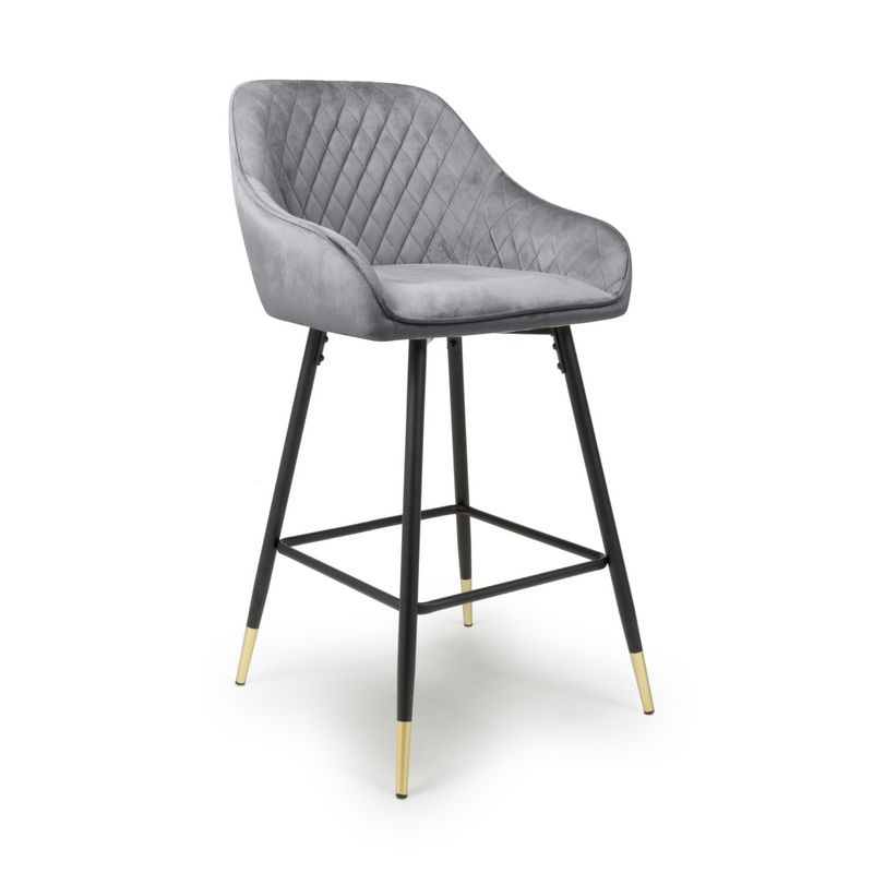 Pair of Contemporary Bar Stools Grey Diamond Stitch