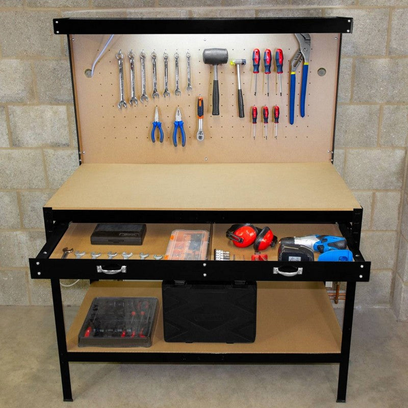 Raven Q-Rax 3' 11" x 1' 11" Not Applicable Workbench with Pegboard, Drawer & Light - Classic