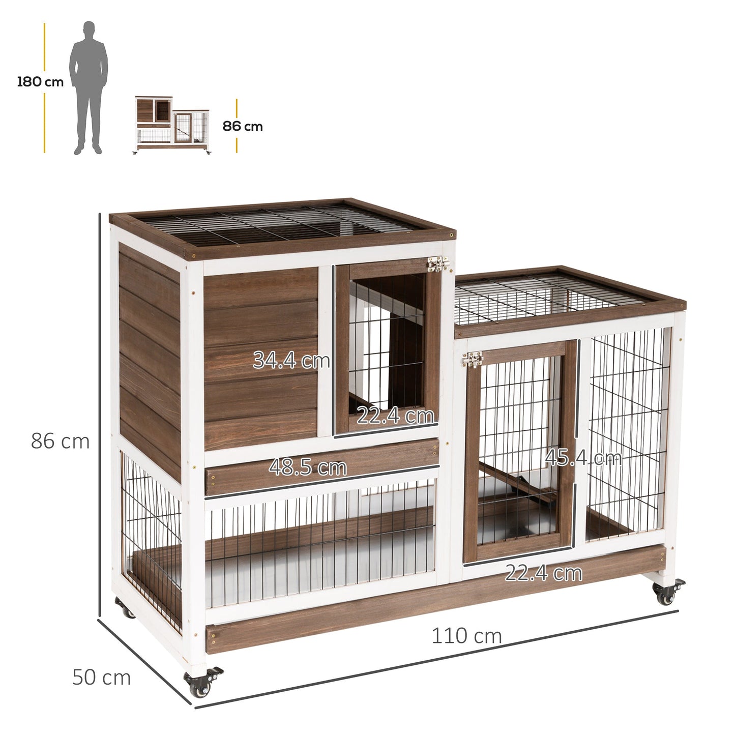 PawHut Wooden Indoor Rabbit Hutch Guinea Pig House Bunny Small Animal Cage W/ Wheels Enclosed Run 110 x 50 x 86 cm