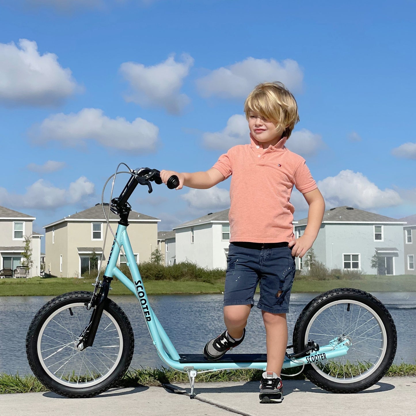 Teen Kids Stunt Scooter Children Kick Scooter Adjustable Handlebar 2 Brakes Ride On 16 Inch Rubber Tyres Blue