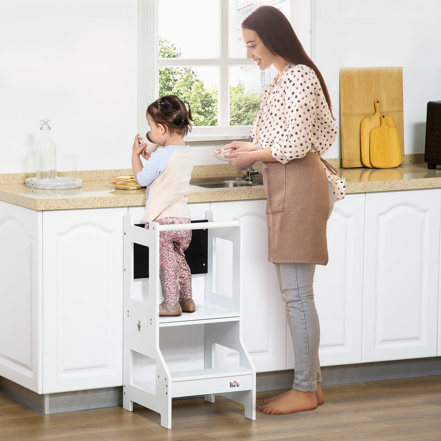 2 in 1 Kids Kitchen Step Stool with Safety Rail Toddler Steps with Chalkboard for Kitchen Bathroom