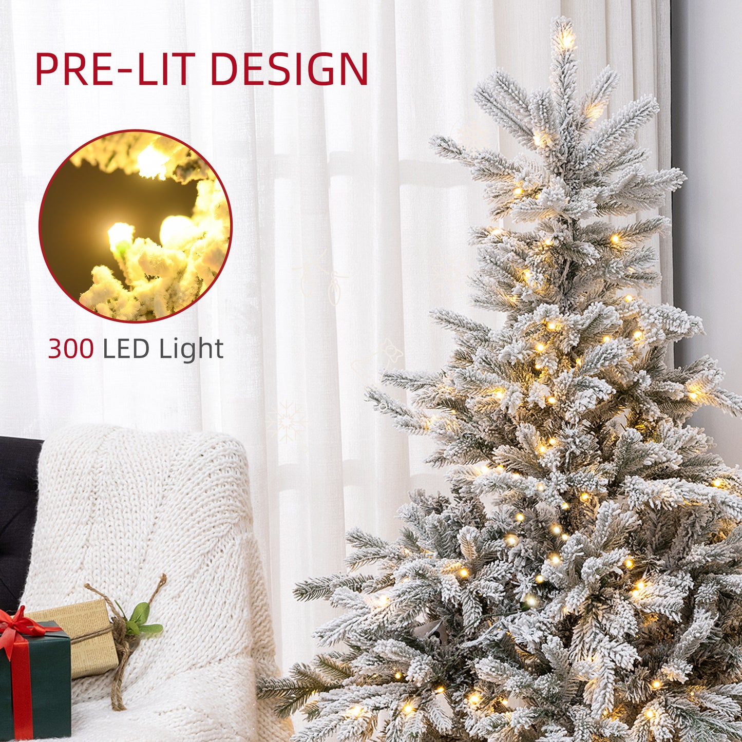 6ft Christmas Tree Artificial - White Frosted Green with LED Lights Warm White 1321 Tips