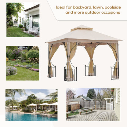 3 x 3M Garden Gazebo Patio Party Tent Shelter Outdoor Canopy Double Tier Sun Shade Metal Frame Netting Beige