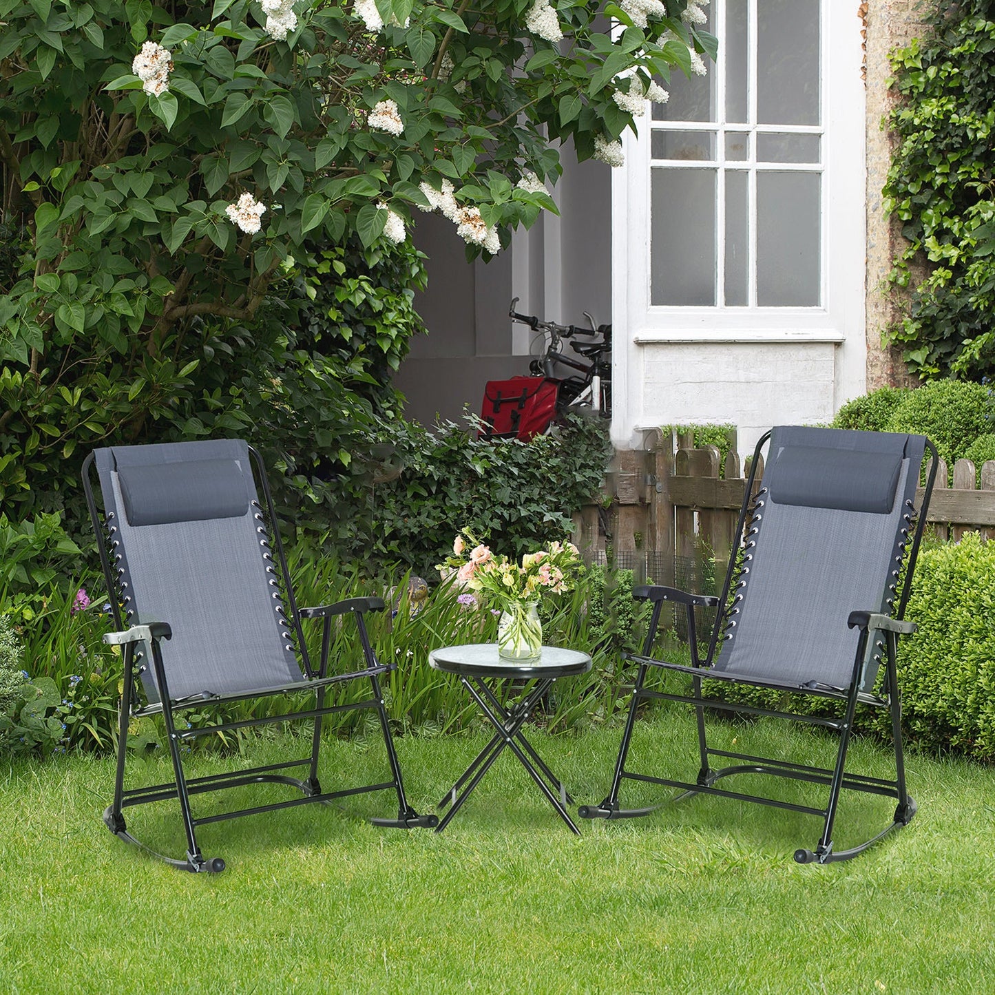 3-Piece Outdoor Rocking Set with 2 Folding Chairs and 1 Tempered Glass Table