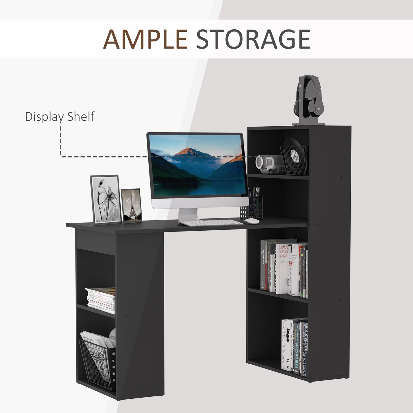 120cm Modern Computer Desk Bookshelf Study Table Workstation PC Laptop Writing Home Office 6 Shelves Black