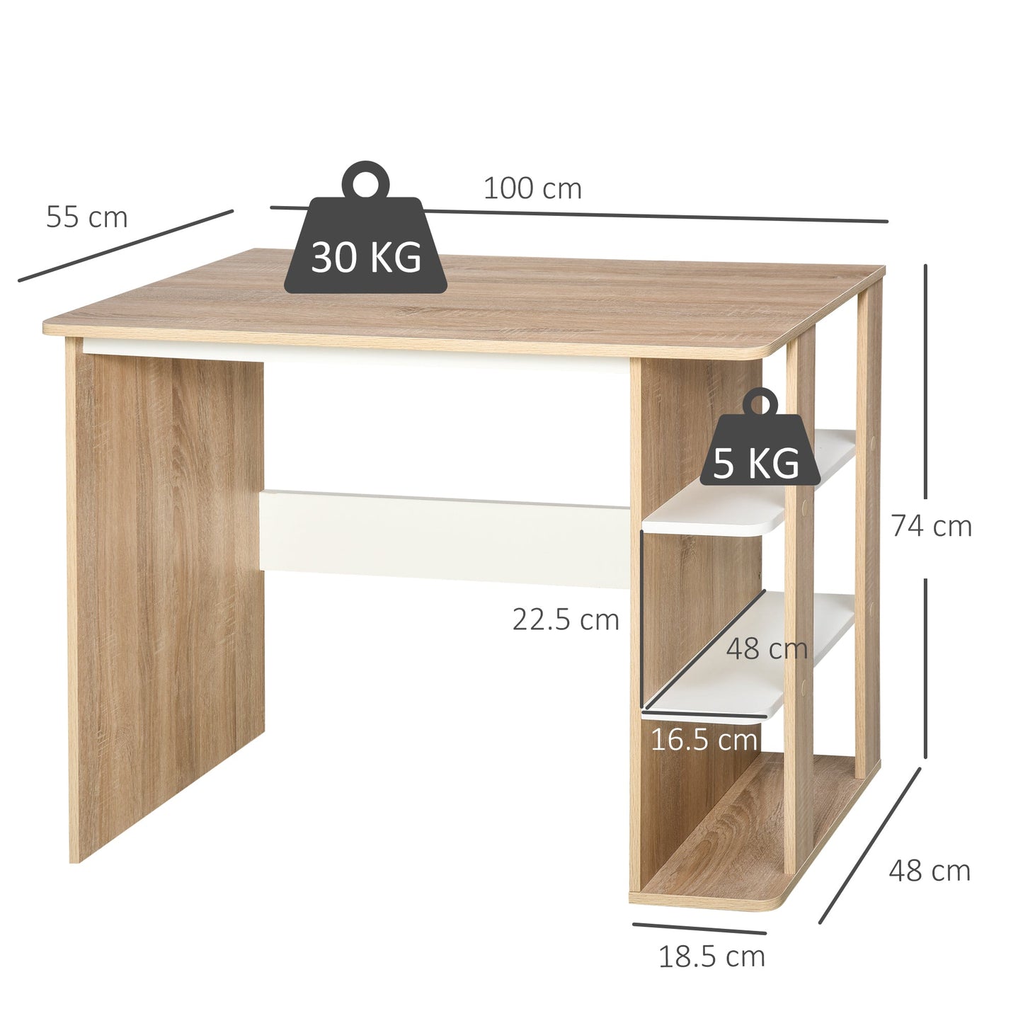 Office Desk w/ 3-Tier Display Shelf Storage - Wood effect