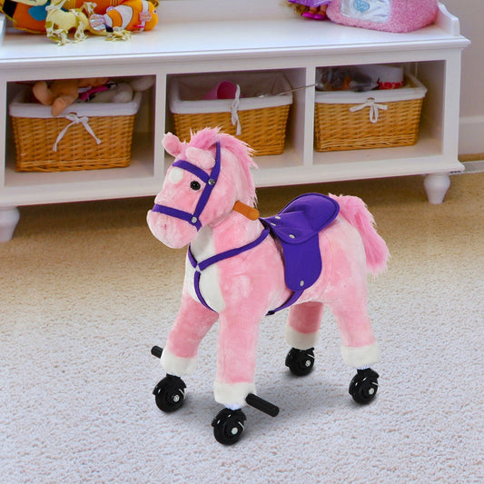 Wooden Action Pony Wheeled Walking Horse Riding Little Baby Plush Toy Wooden Style Ride on Animal Kids Gift w/Sound Pink