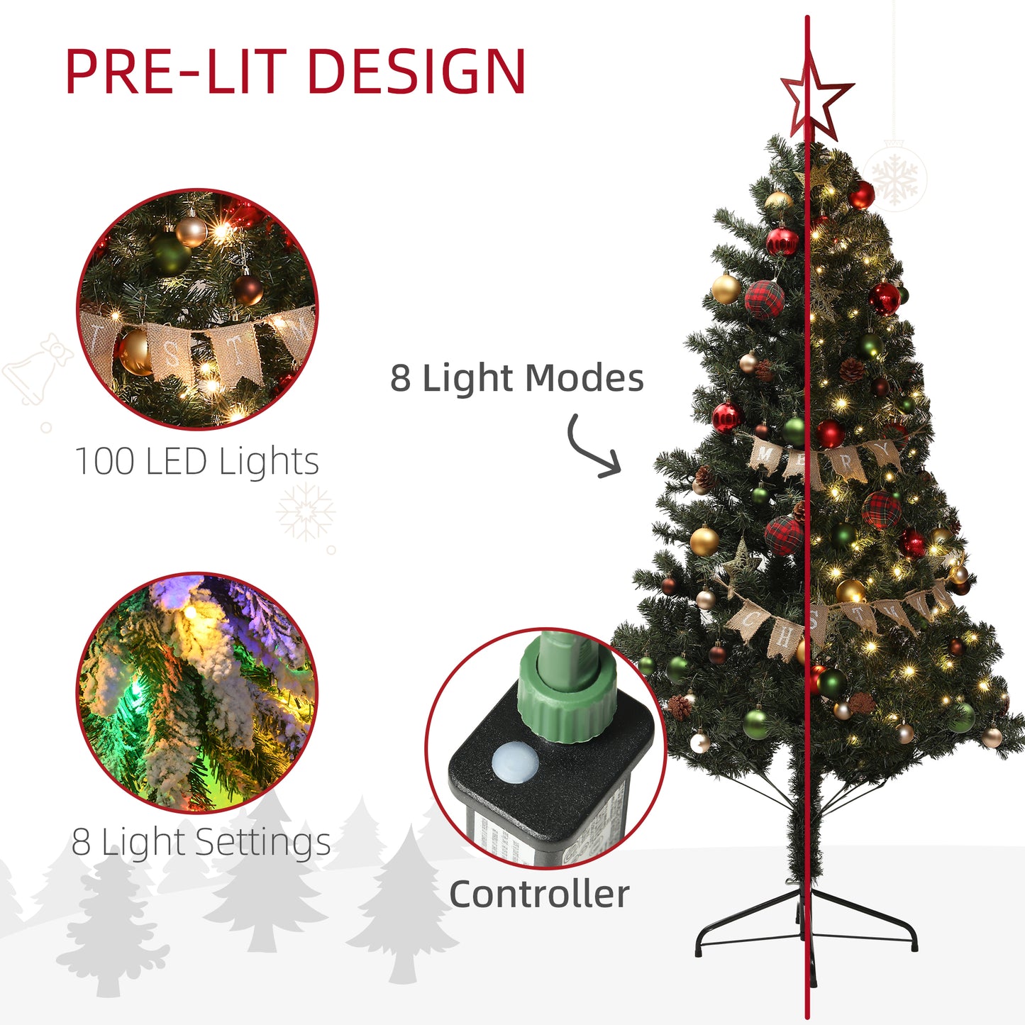 6ft Decorated Christmas Tree Artificial - Dark Green with LED Lights Warm White 353 Tips