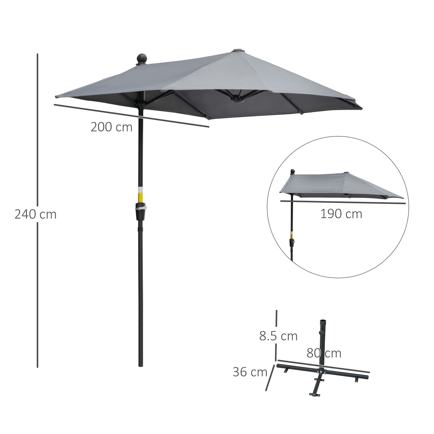 2m Half Parasol Market Umbrella Garden Balcony Parasol with Crank Handle