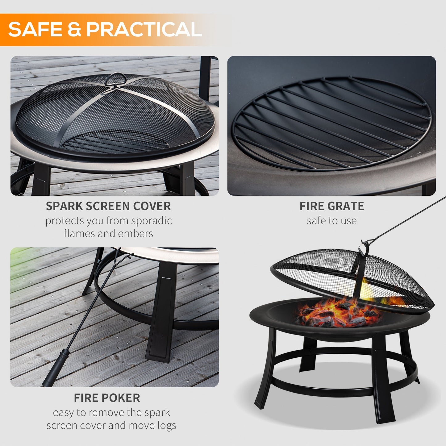 30” Round Metal Fire Pit With Cover-Black