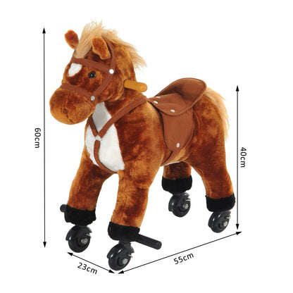 Wooden Action Pony Wheeled Walking Horse Riding Little Baby Plush Toy Wooden Style Ride on Animal Kids Gift w/Sound Brown