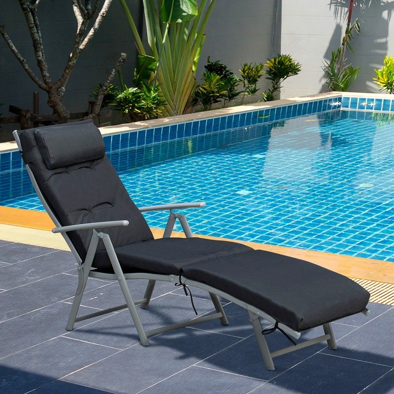 Outsunny Steel Frame Outdoor Garden Padded Sun Lounger w/ Pillow Black