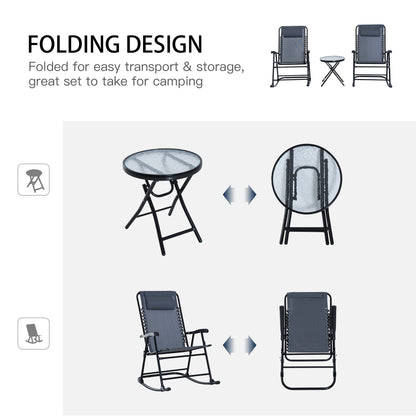 3-Piece Outdoor Rocking Set with 2 Folding Chairs and 1 Tempered Glass Table