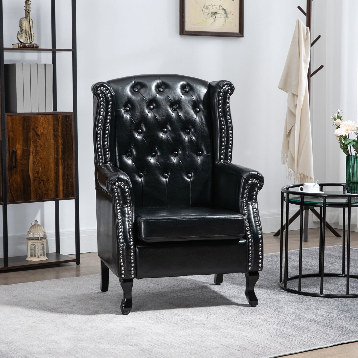 Wingback Accent Chair Tufted Chesterfield-style Armchair with Nail Head Trim for Living Room Bedroom Black