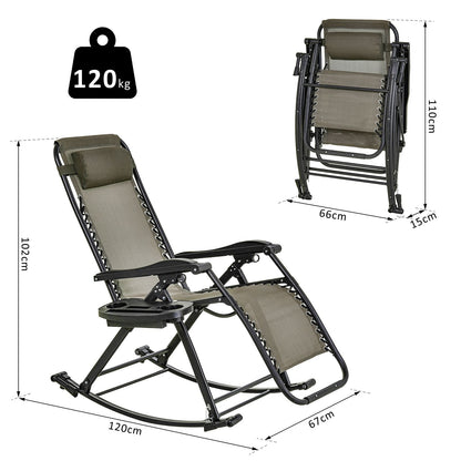 Garden Rocking Chair Folding Recliner Outdoor Adjustable Sun Lounger Rocker Zero-Gravity Seat with Headrest Side Holder Patio Deck - Grey