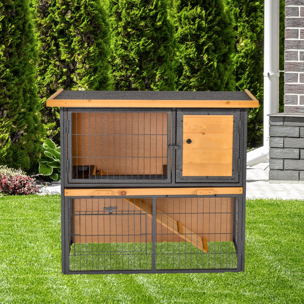 PawHut Wood-metal Rabbit Hutch Guinea Pig Hutch Elevated Pet House Bunny Cage with Slide-Out Tray Openable Roof Outdoor 89.5 x 45 x 81cm Light Yellow