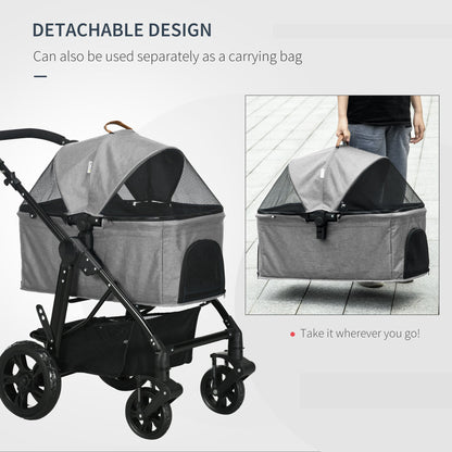 PawHut Dog Stroller Pushchair Detachable Pet Carrier Carrying Bag Foldable Trolley Shock absorbing System Adjustable Handlebar for Small Dogs Grey