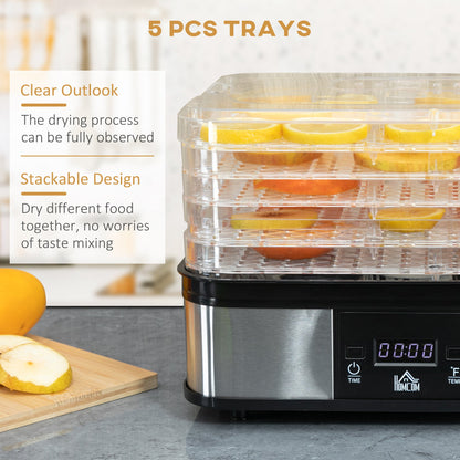 245W 5Kg Five Tray Food Dehydrator With Timer Silver