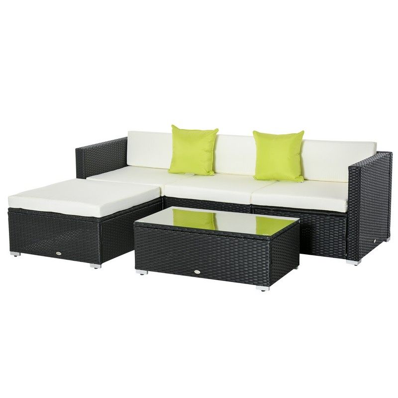 Outsunny 4-Seater Rattan Sofa Set  Garden Outdoor Sectional Sofa Coffee Table Metal Frame With cushion Pillows-Black