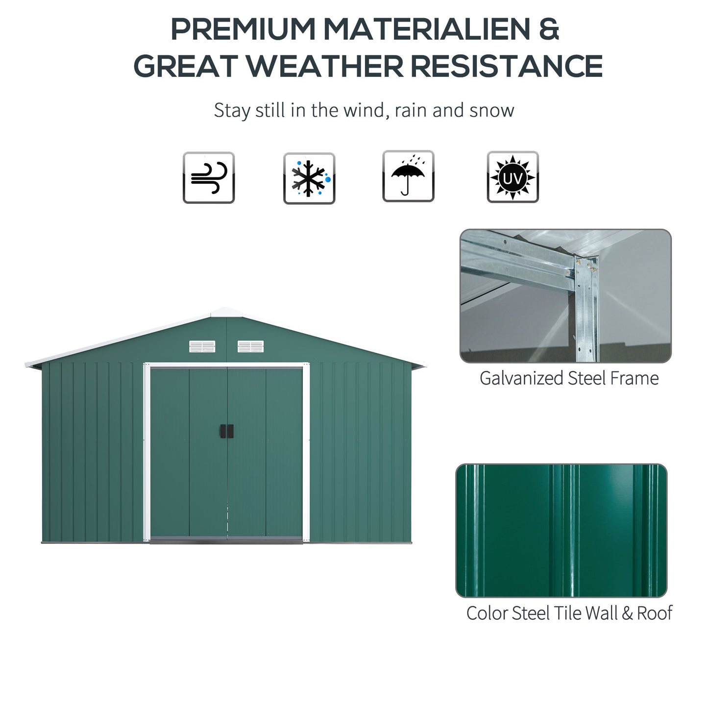 Galvanised 12.5 x 11' Sliding Double Door Apex Garden Shed Steel Green by Steadfast